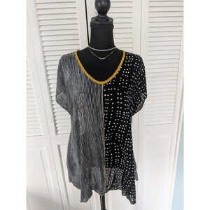 Iguana Tunic Blouse Womens M Black Gold Art To Wear Stripe Polka Dot Pocket Top